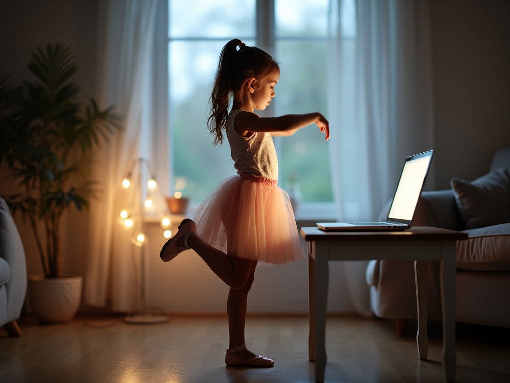 Girl practicing ballet in front of laptop